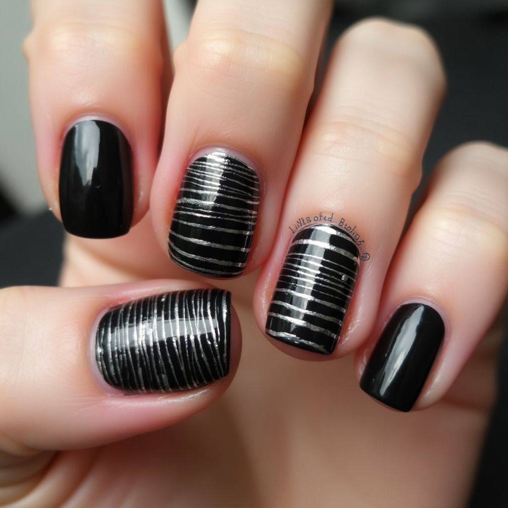 Black Stripes And Lines Nail Design