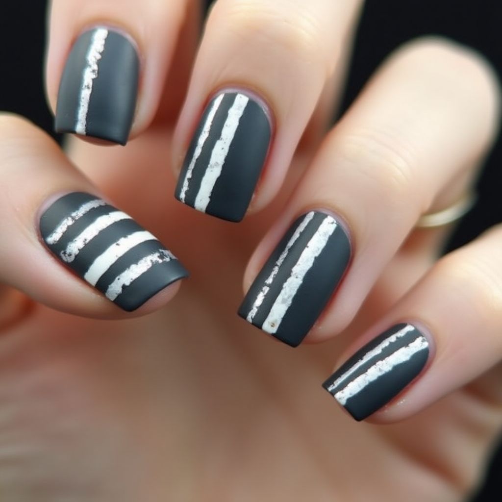Charcoal Gray Stripes And Lines Nail Design