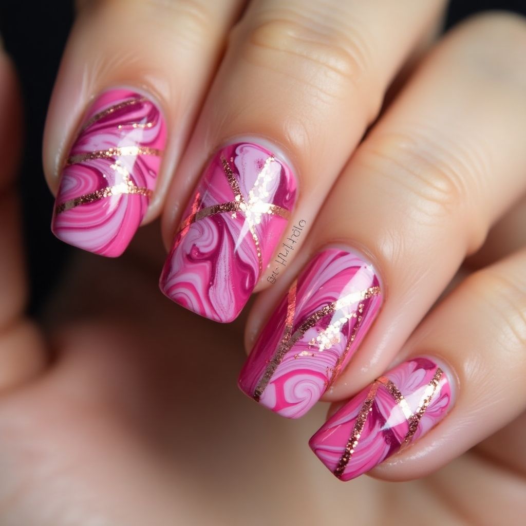Hot Pink Water Marbling Nail Design