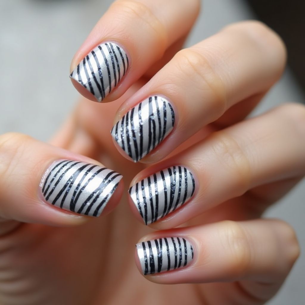 Silver Stripes and lines Nail Design