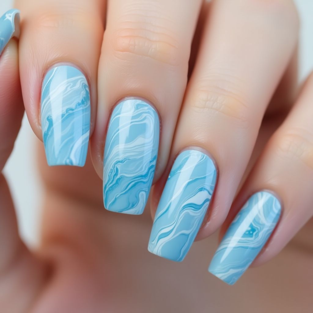 Pastel blue Water marbling Nail Design
