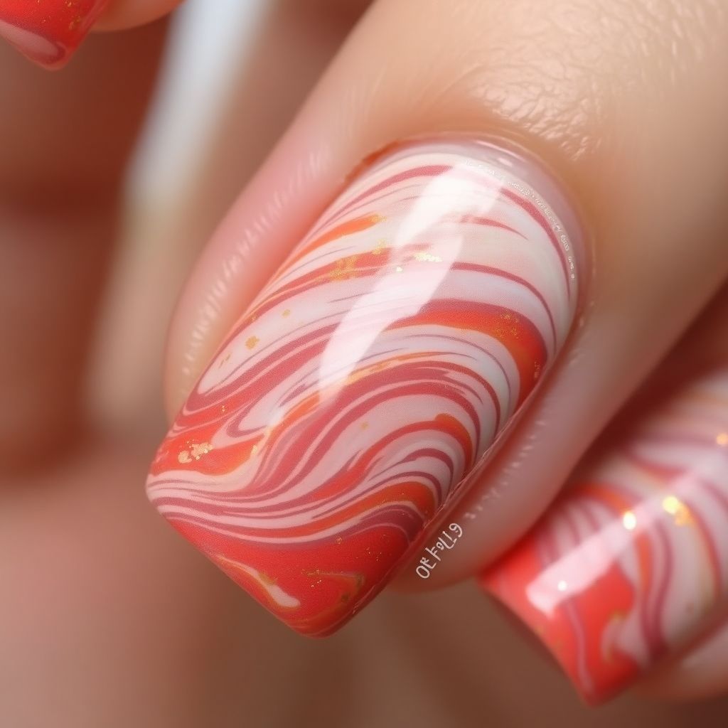 Coral Water Marbling Nail Design