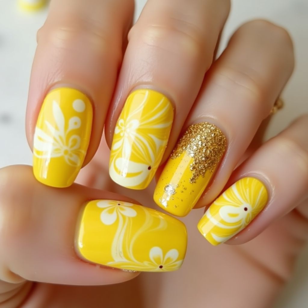 Yellow Water Marbling Nail Design