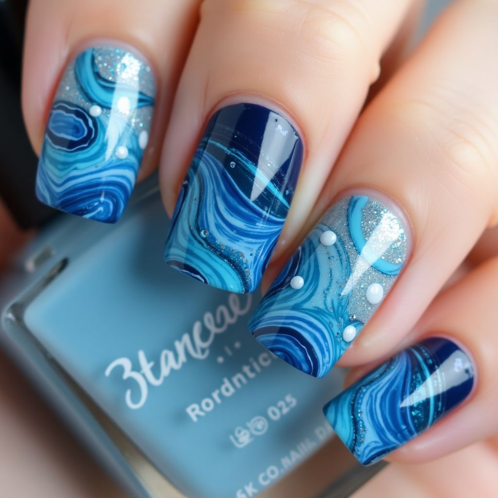 Blue Water Marbling Nail Design
