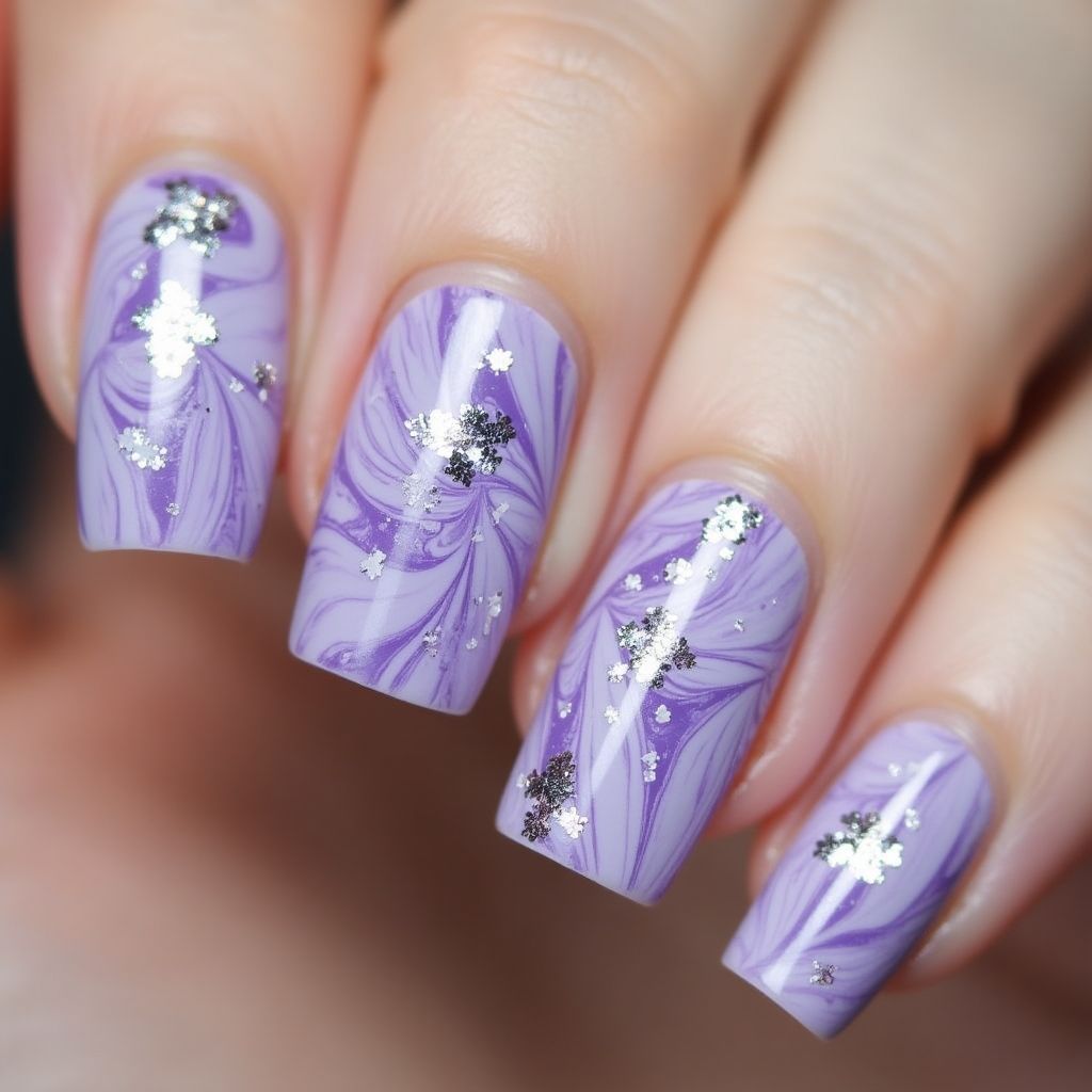 Lavender Water Marbling Nail Design