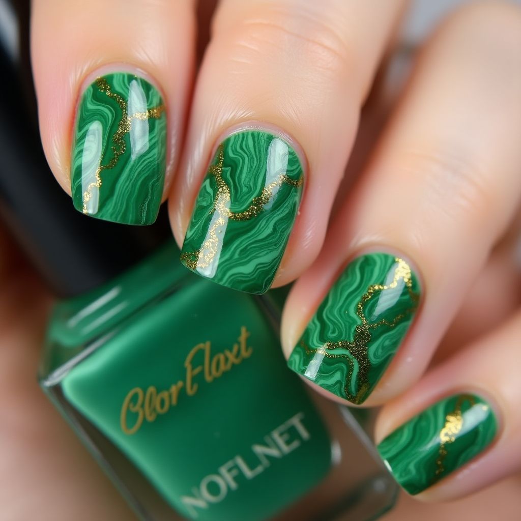 Emerald green Water marbling Nail Design