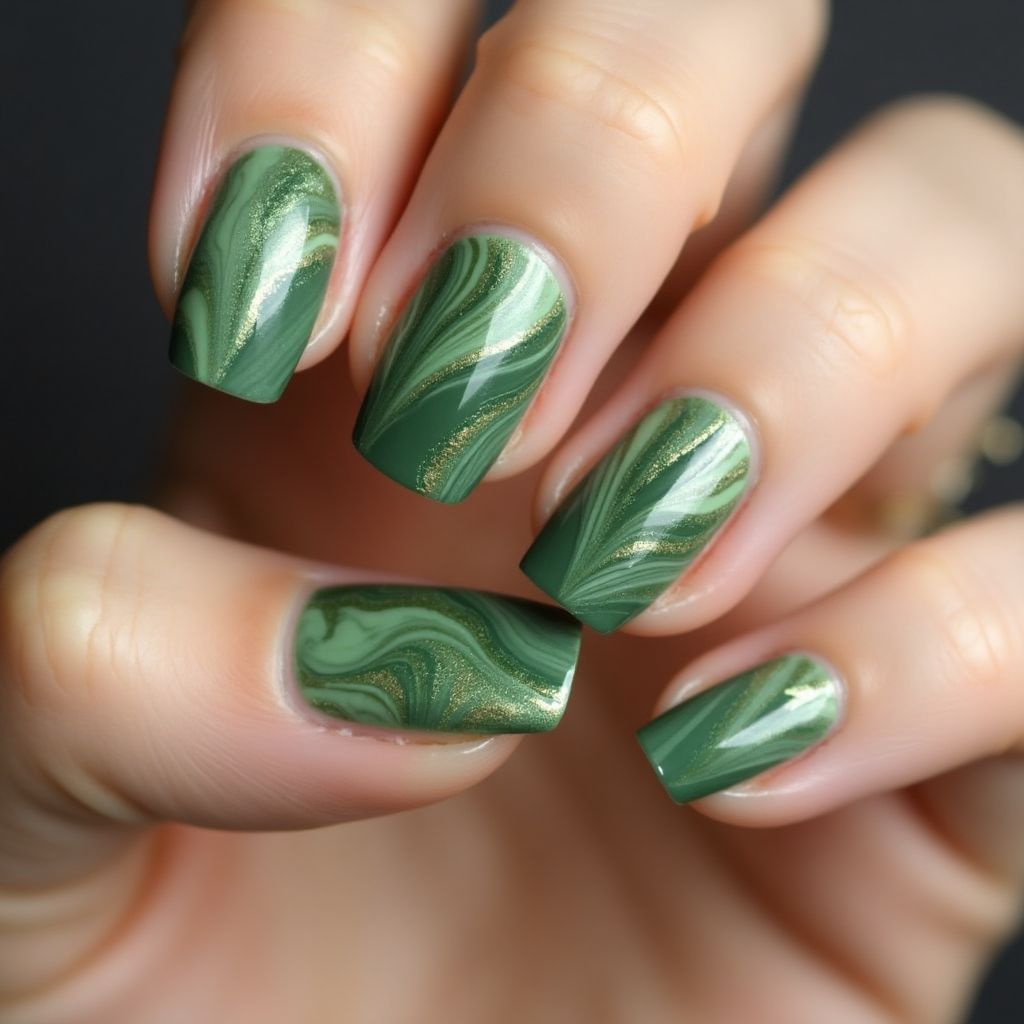 Olive Green Water Marbling Nail Design