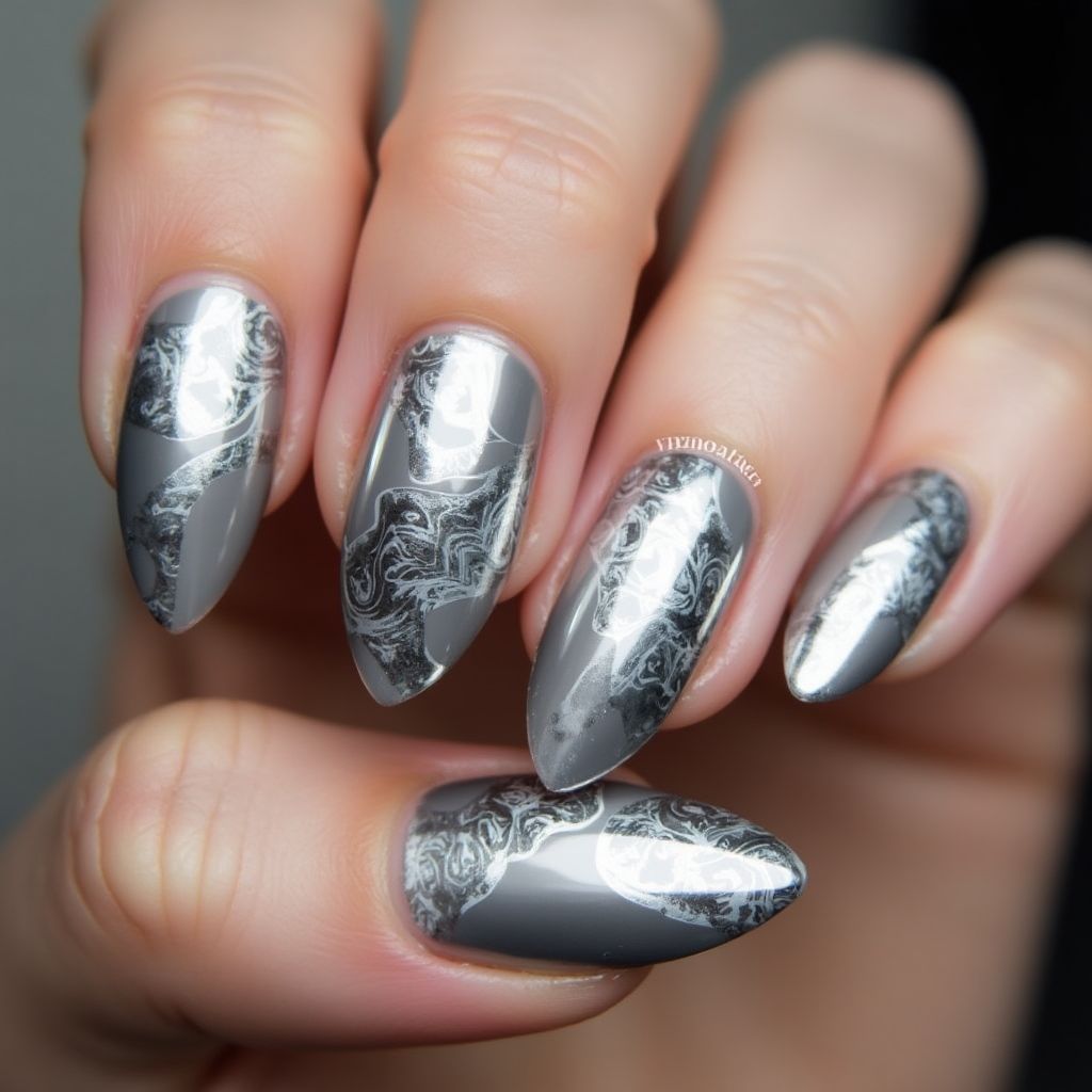 Silver Water marbling Nail Design