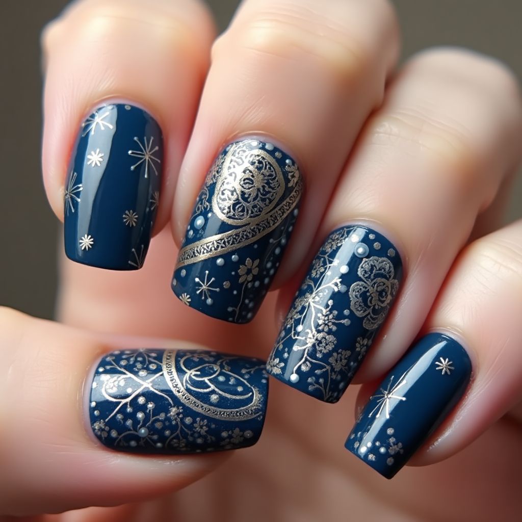 Navy Blue Freehand Art Nail Design