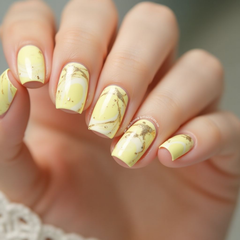 Pastel Yellow Water Marbling Nail Design