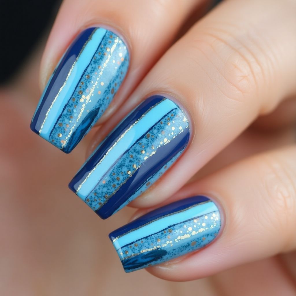 Blue Stripes And Lines Nail Design