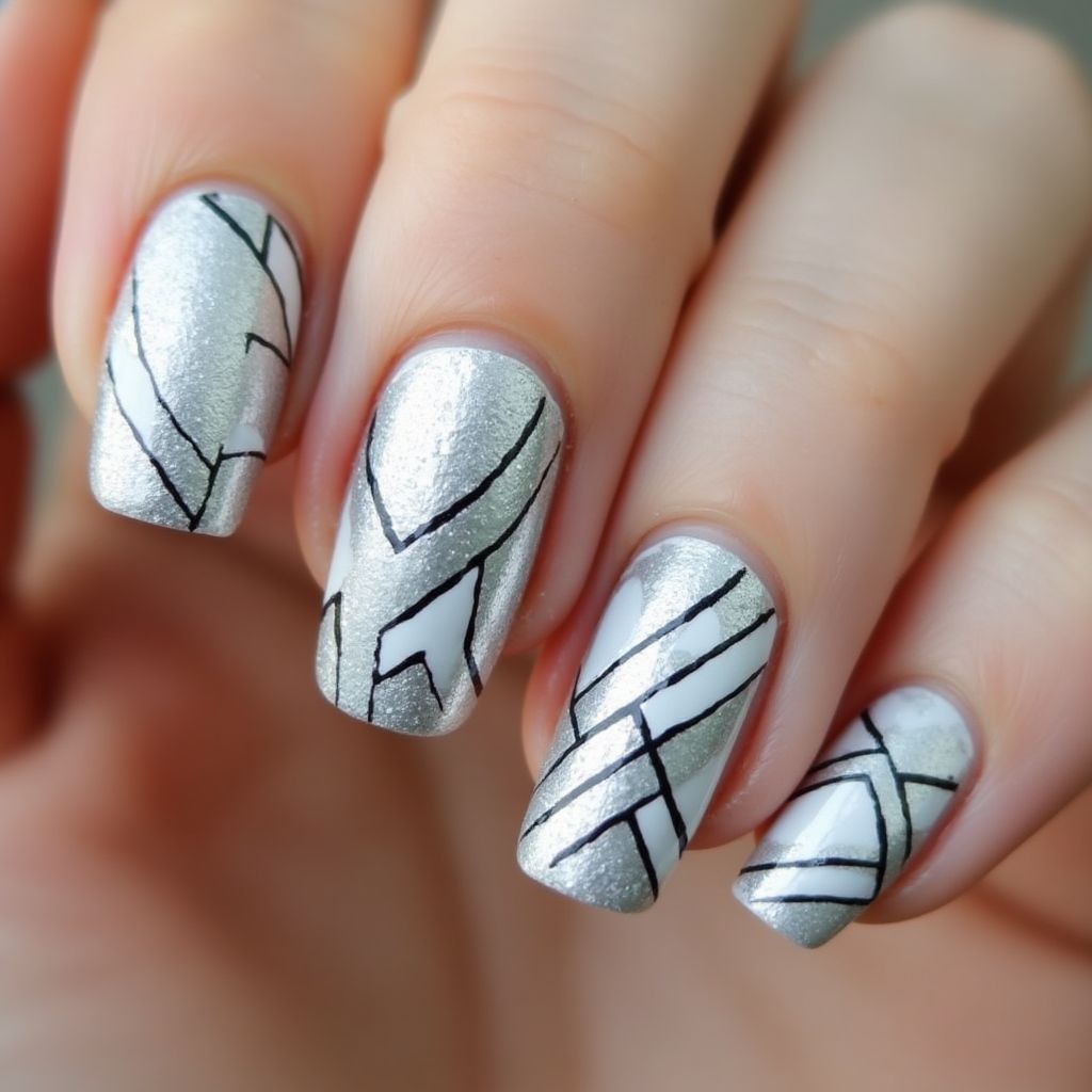 Silver Stripes And Lines Nail Design