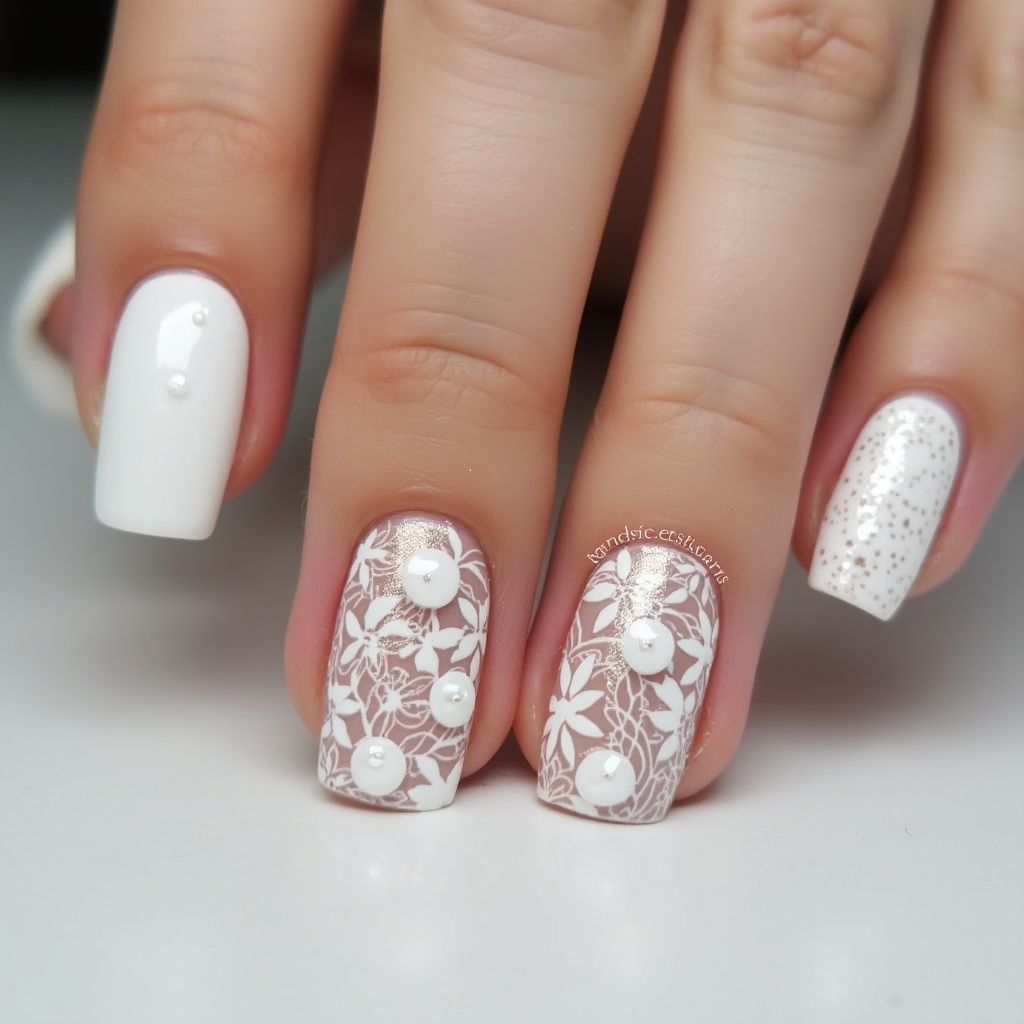 White Freehand Art Nail Design