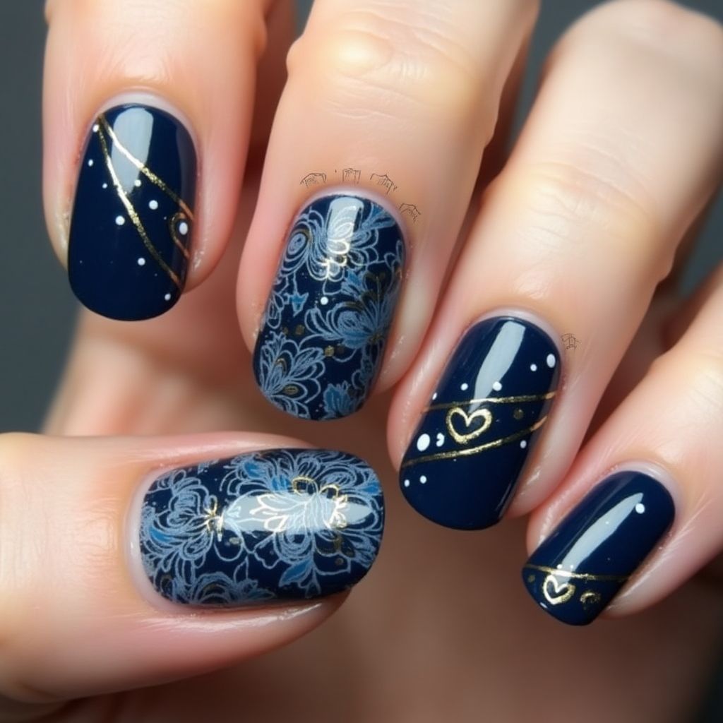 Navy Blue Freehand Art Nail Design