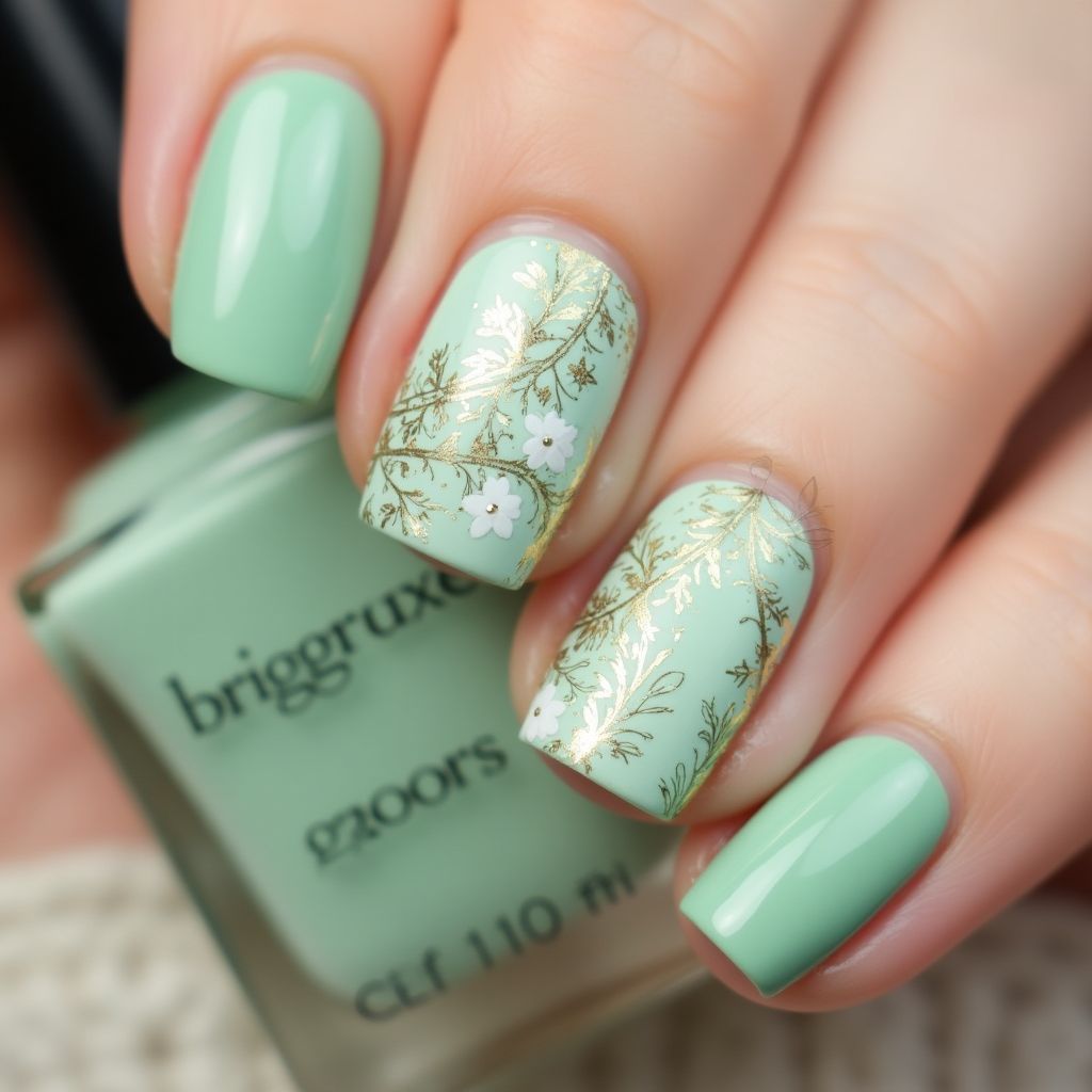 Pastel Green Freehand Art Nail Design