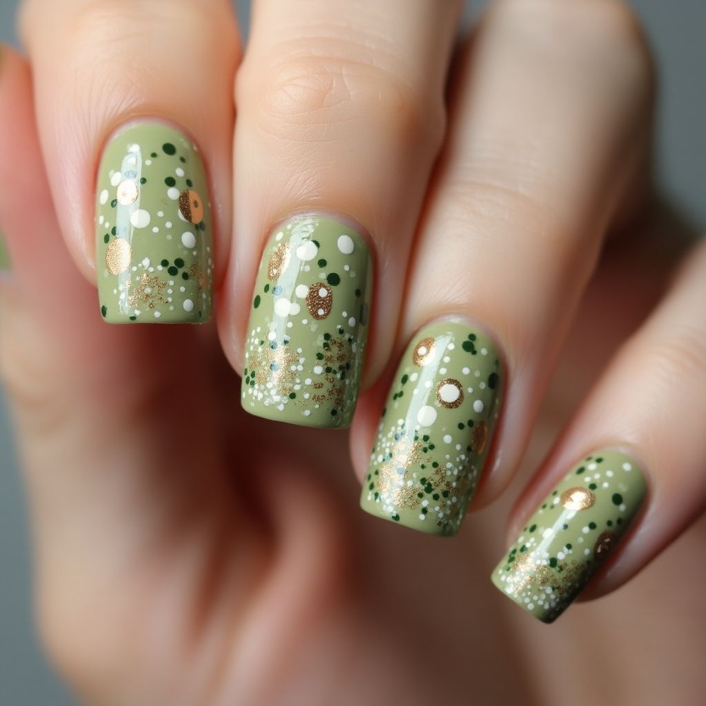 Olive Green Dotting Nail Design