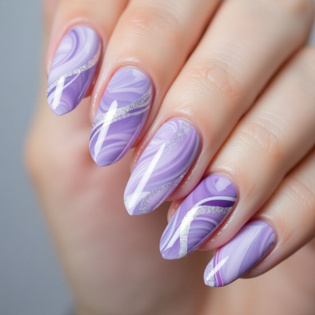 Pastel Purple Water Marbling Nail Design