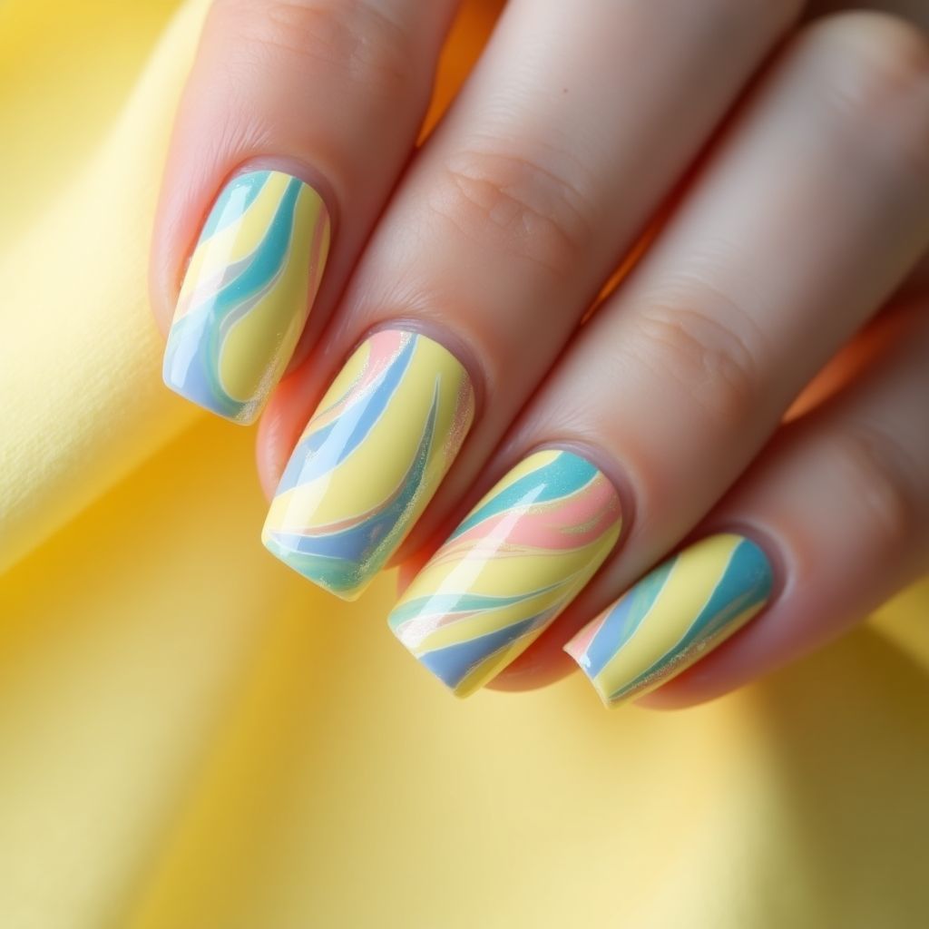 Pastel Yellow Water Marbling Nail Design