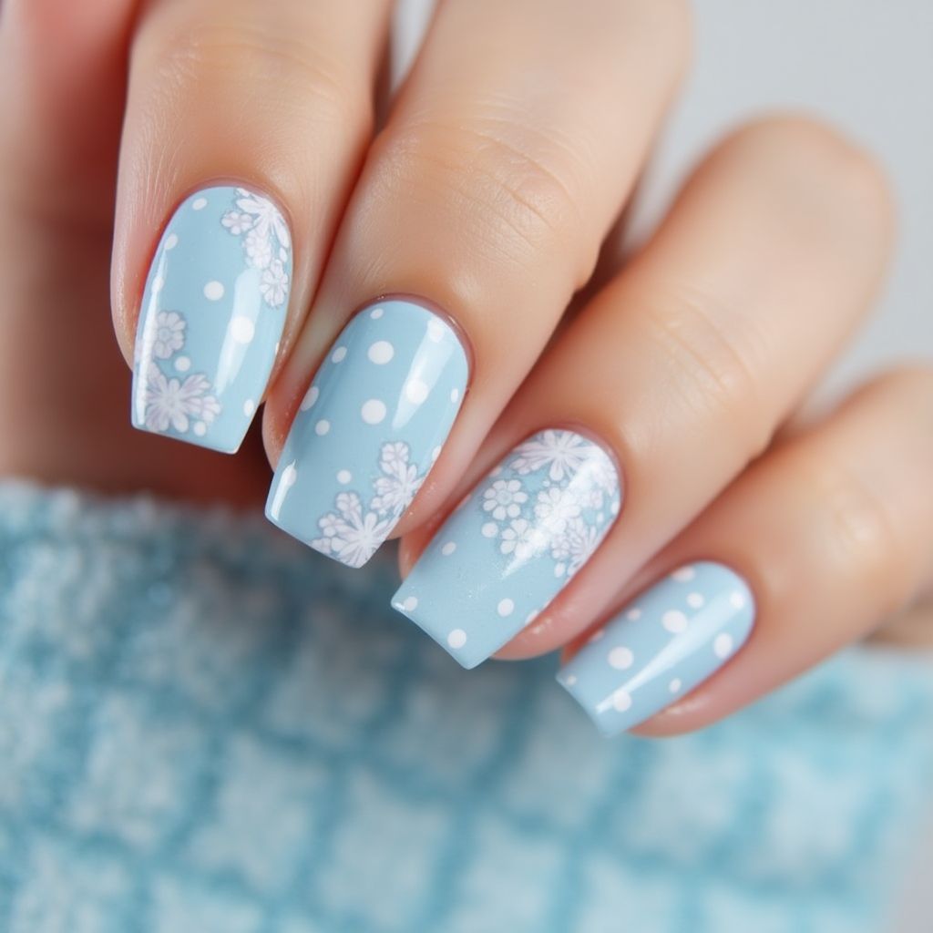 Pastel Blue Dotting Nail Design