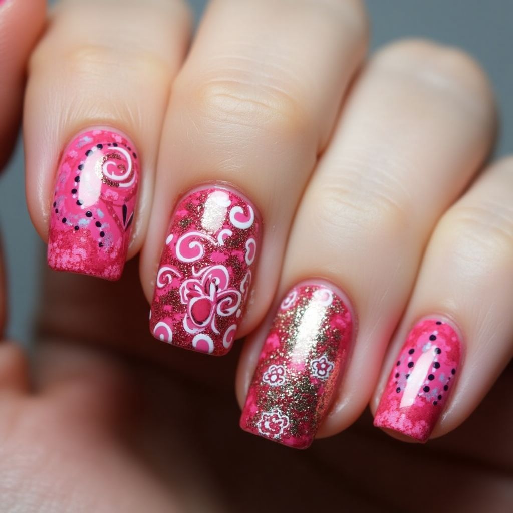 Hot Pink Freehand Art Nail Design