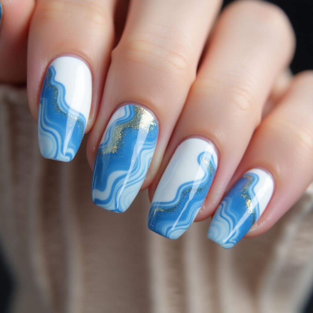 Baby Blue Water Marbling Nail Design