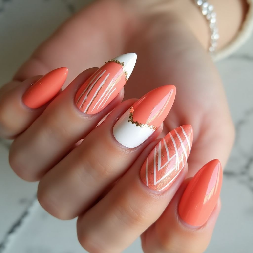Coral Stripes And Lines Nail Design