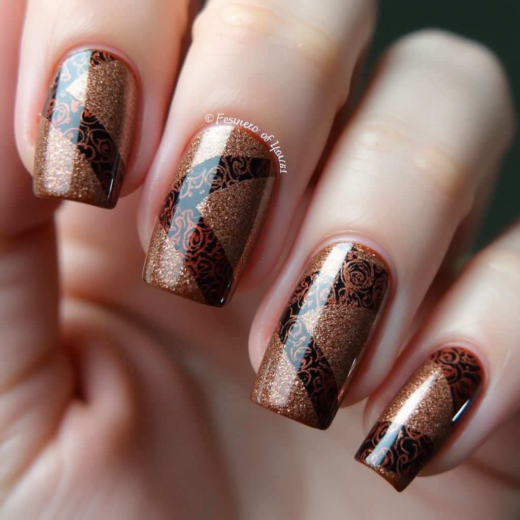 Copper Freehand Art Nail Design