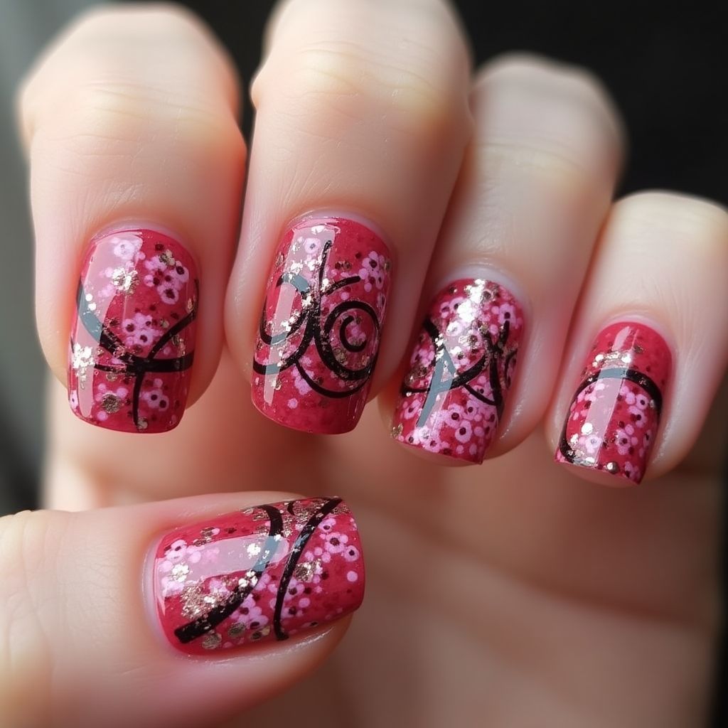 Hot Pink Freehand Art Nail Design