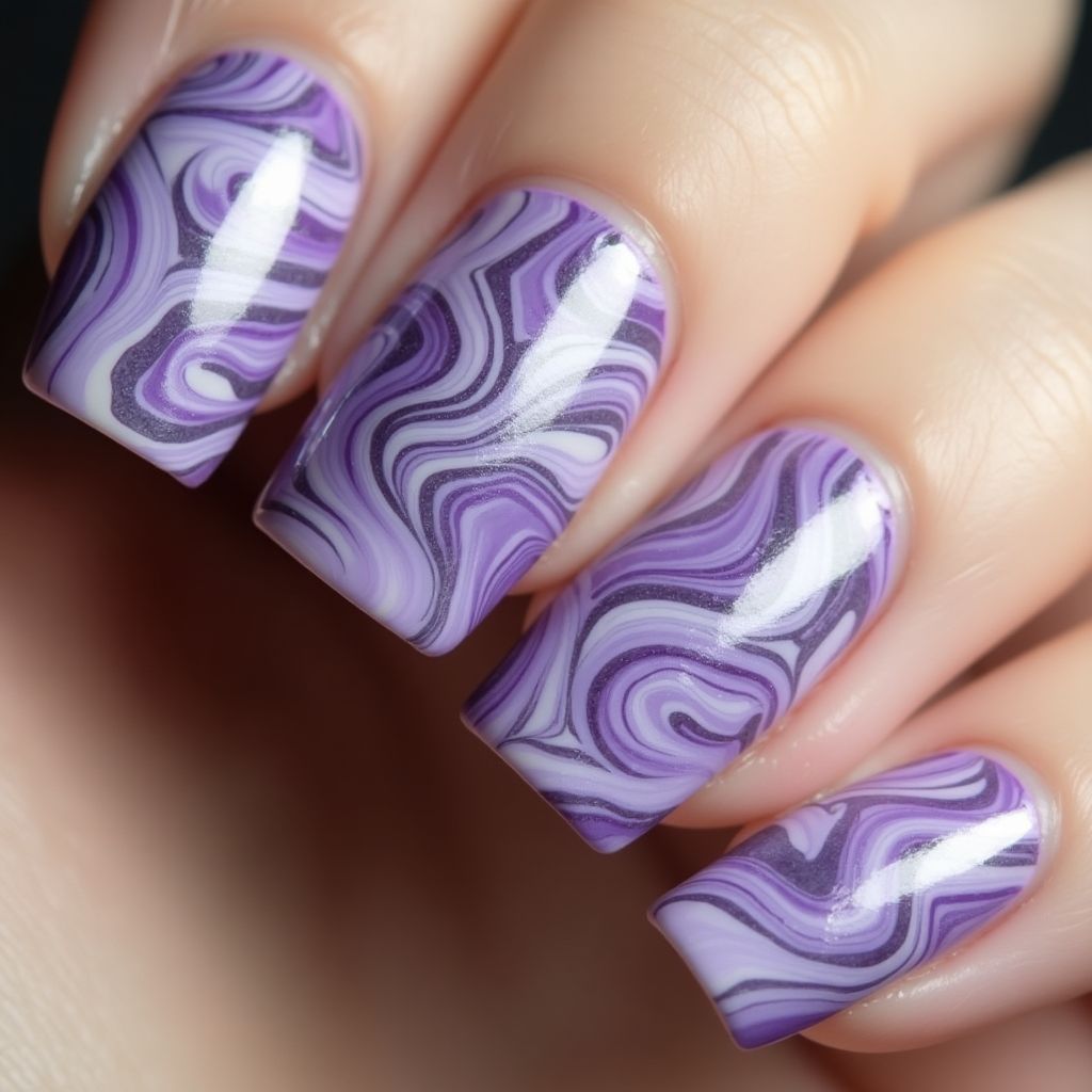 Purple Water Marbling Nail Design