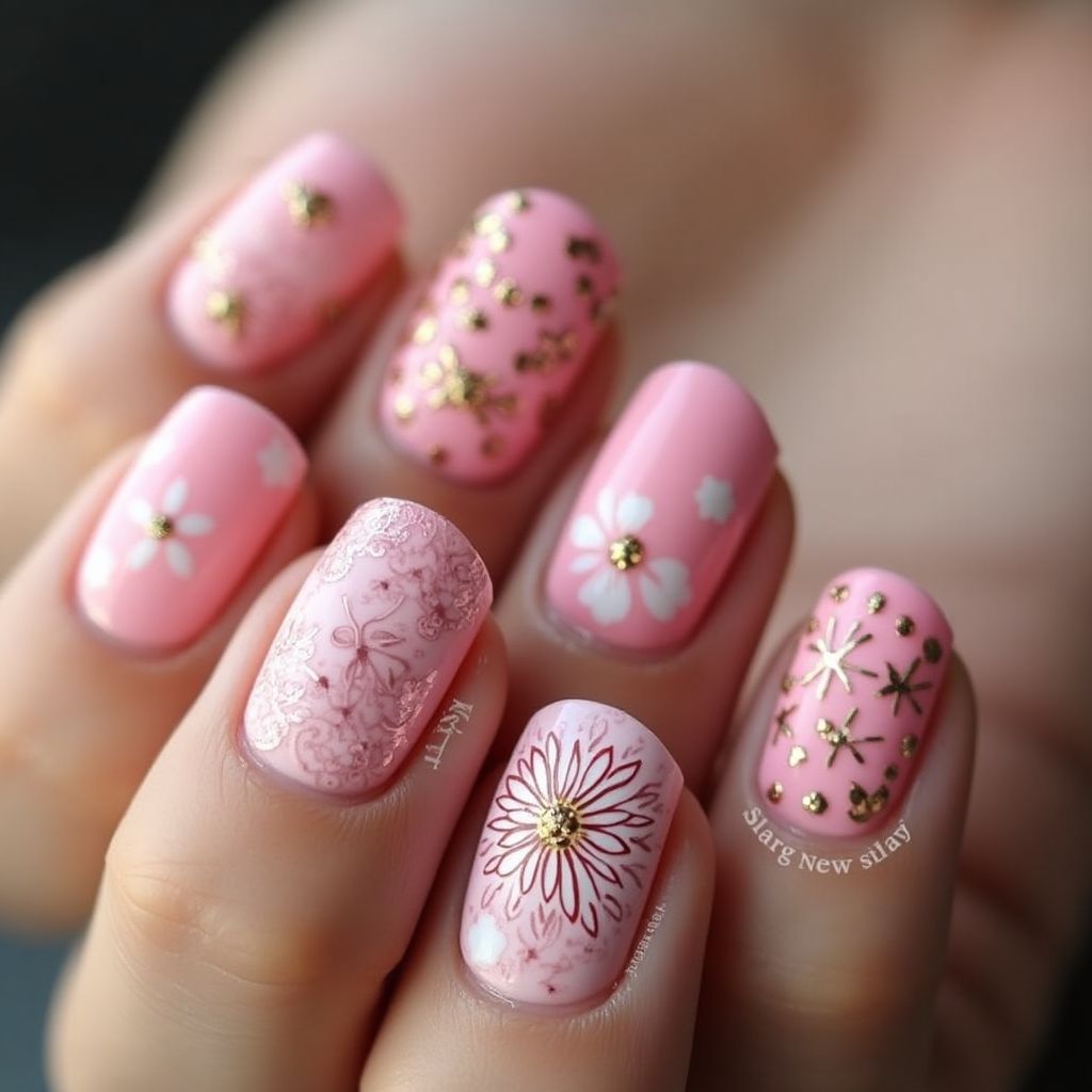 Pink Freehand Art Nail Design
