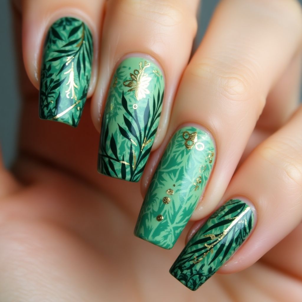 Green Freehand art Nail Design