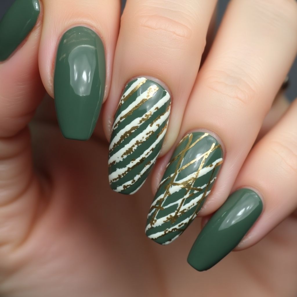 Olive Green Stripes And Lines Nail Design