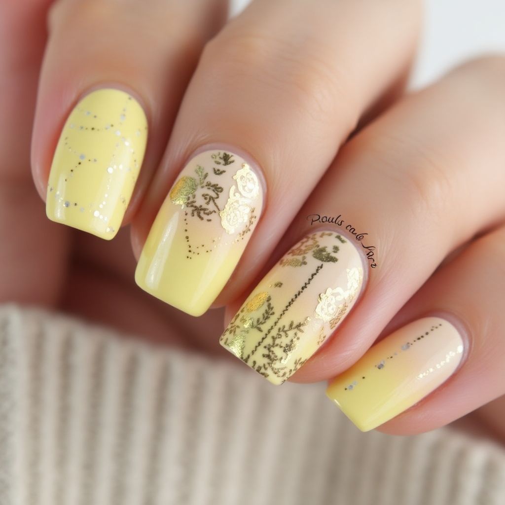 Pastel yellow Freehand art Nail Design
