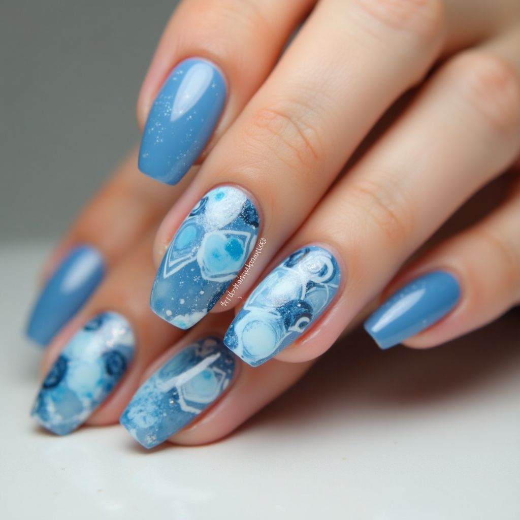Sky Blue Freehand Art Nail Design