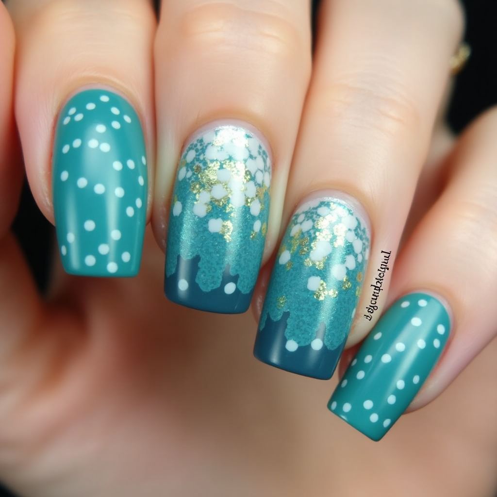 Teal Dotting Nail Design