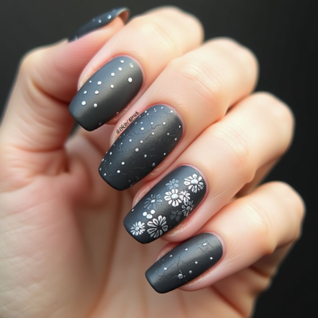Charcoal Gray Dotting Nail Design