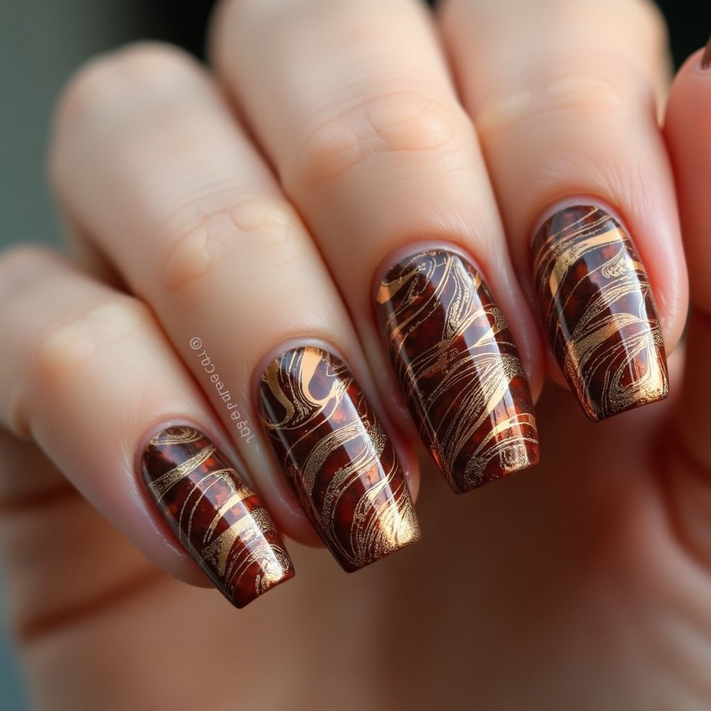 Bronze Water Marbling Nail Design