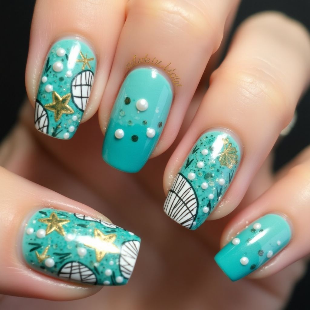 Turquoise Freehand Art Nail Design