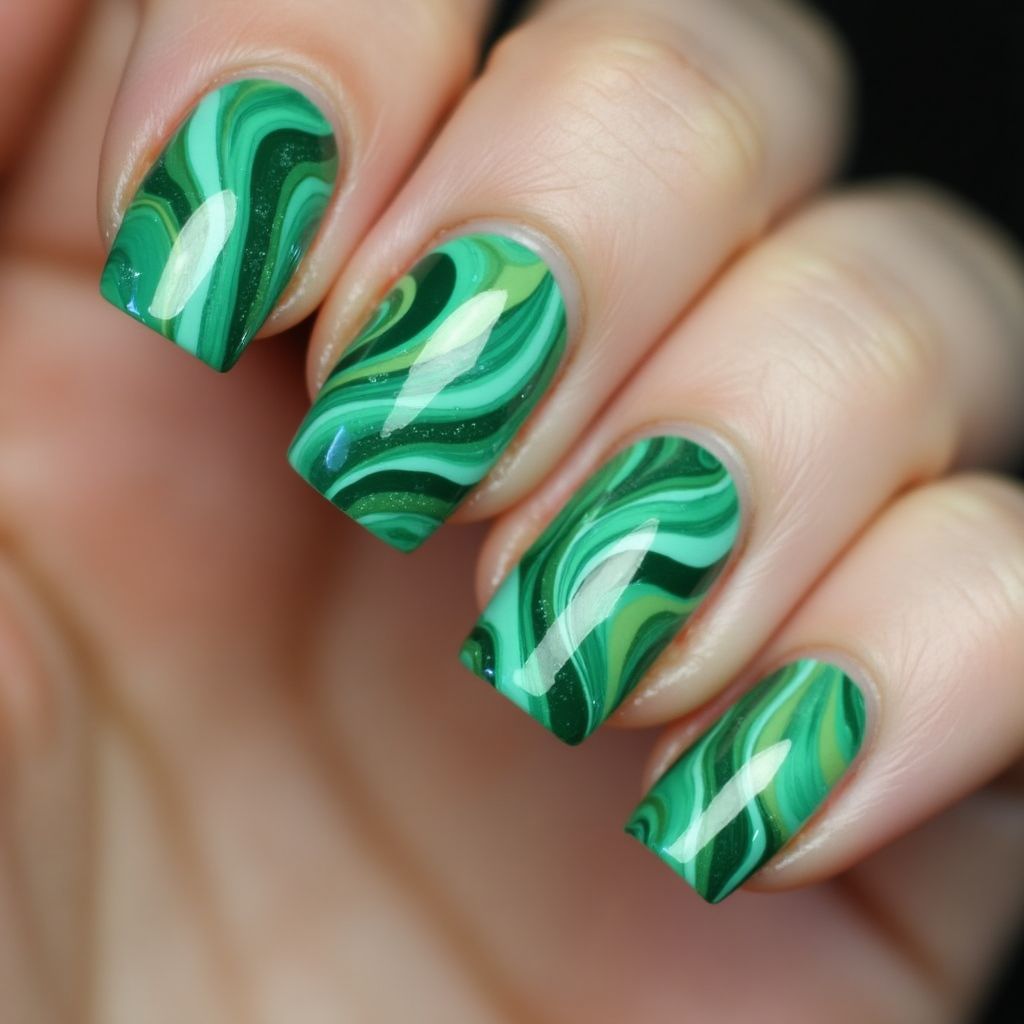 Green Water Marbling Nail Design