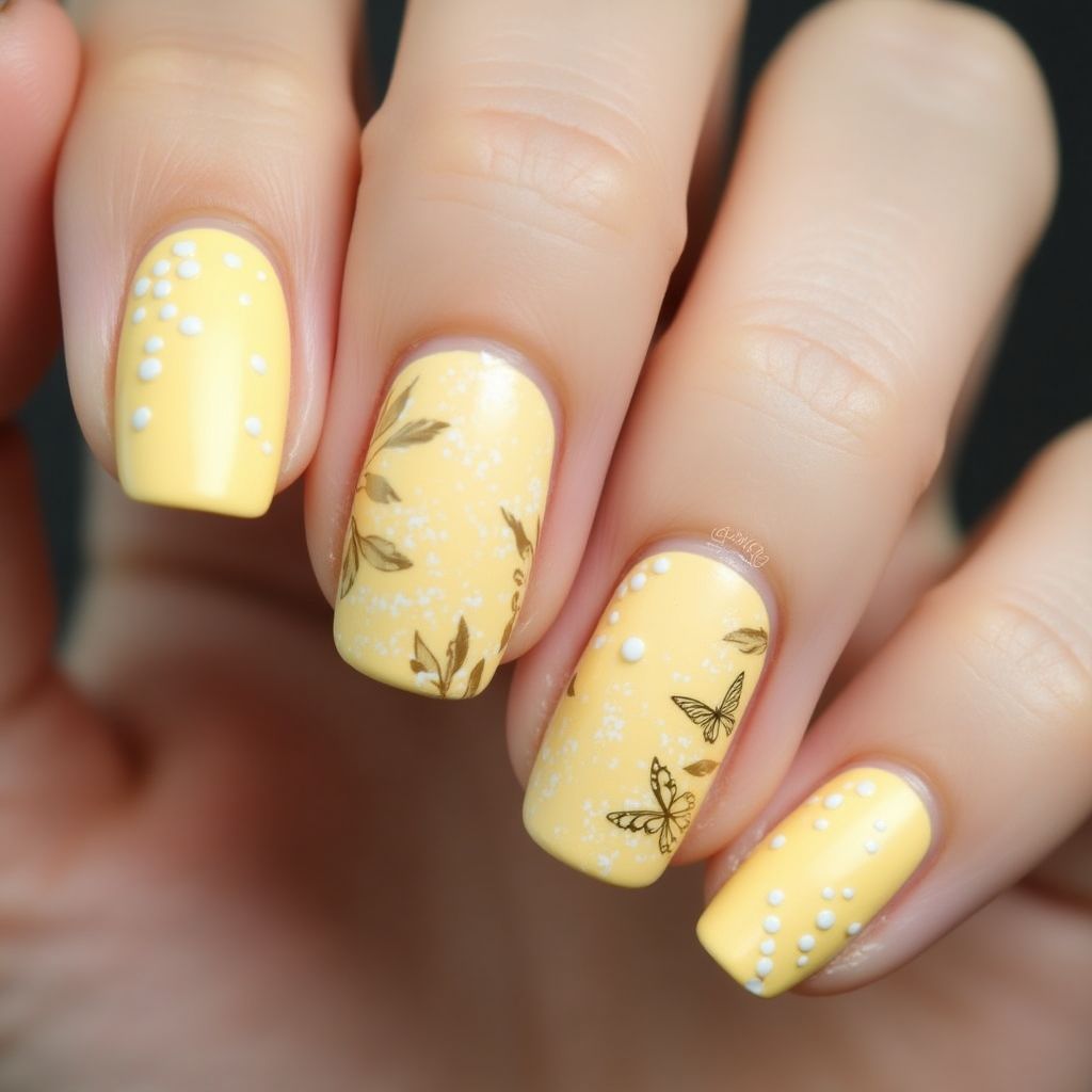 Pastel Yellow Freehand Art Nail Design