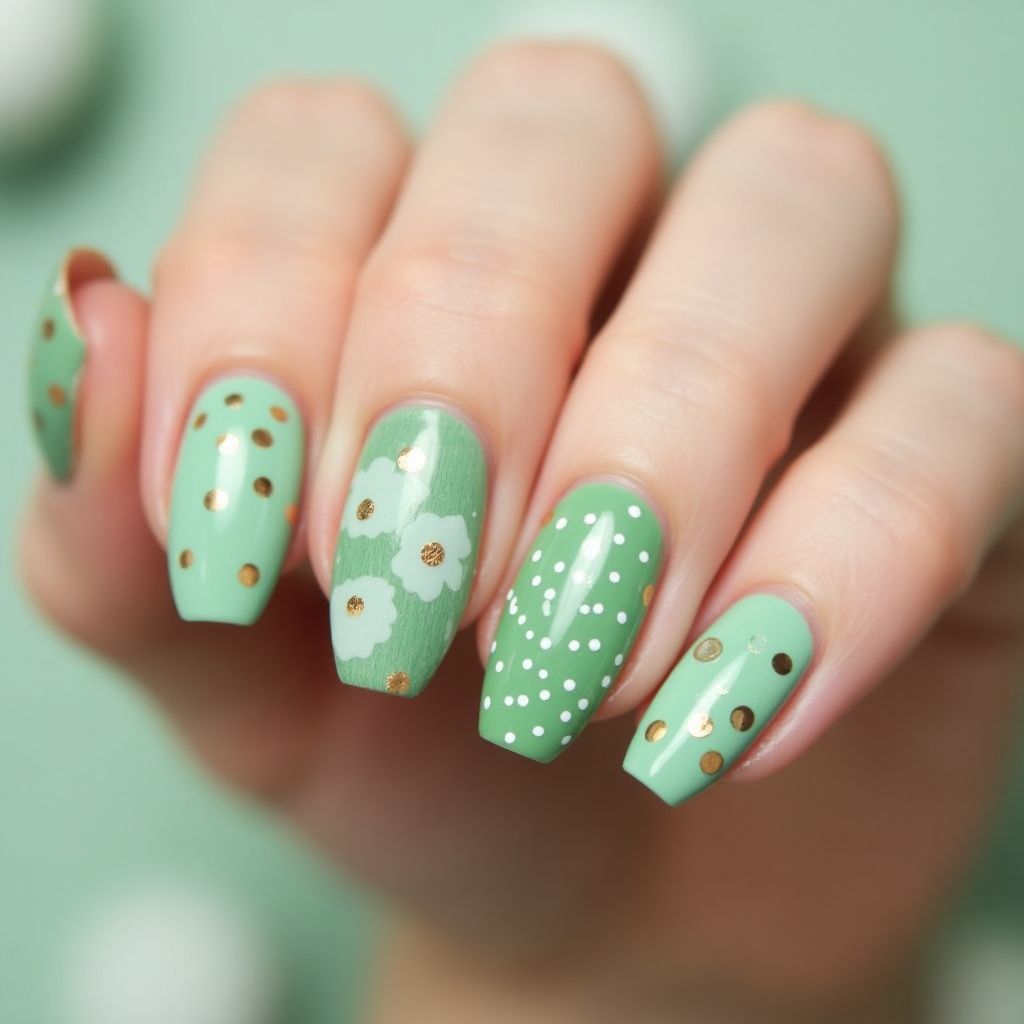 Pastel Green Dotting Nail Design