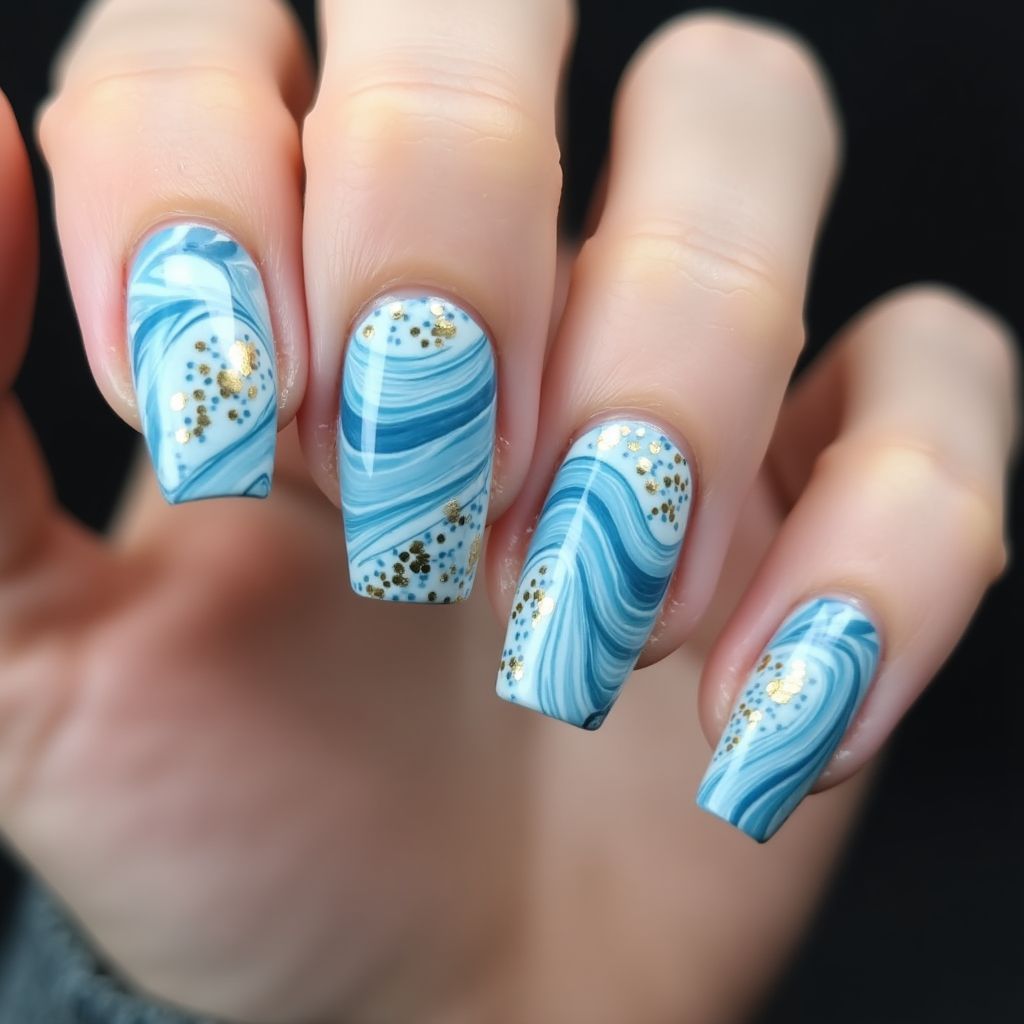 Sky Blue Water Marbling Nail Design