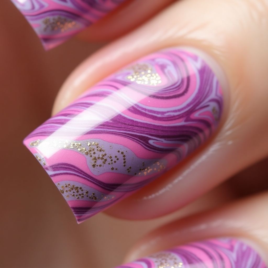 Fuchsia Water Marbling Nail Design