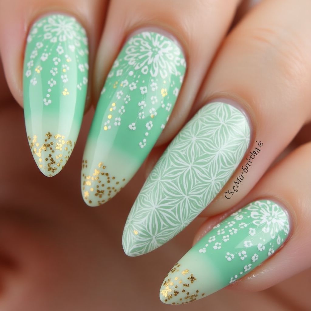 Mint Green Freehand Art Nail Design