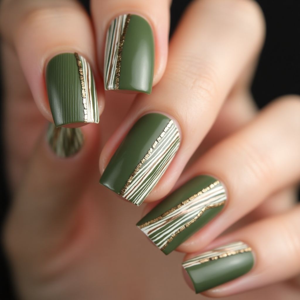 Olive Green Stripes And Lines Nail Design