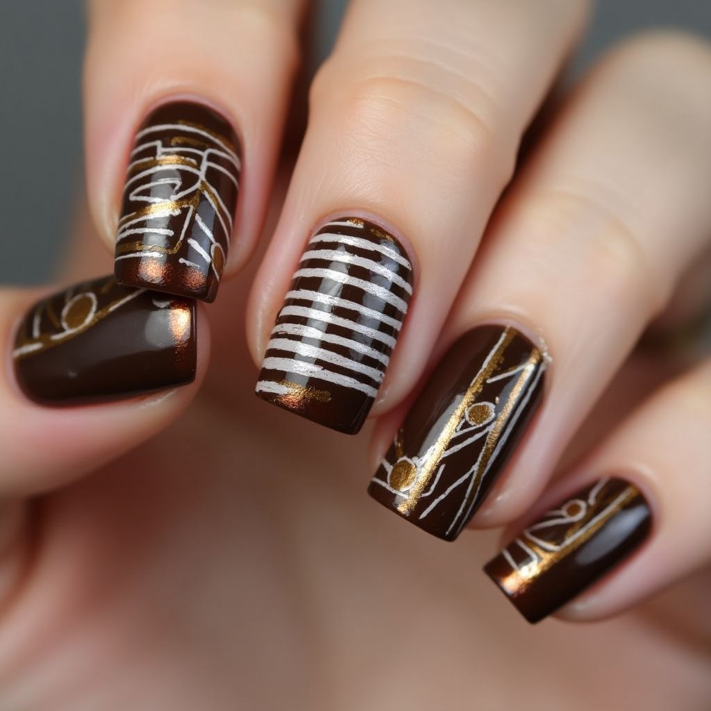 Chocolate Brown Stripes And Lines Nail Design