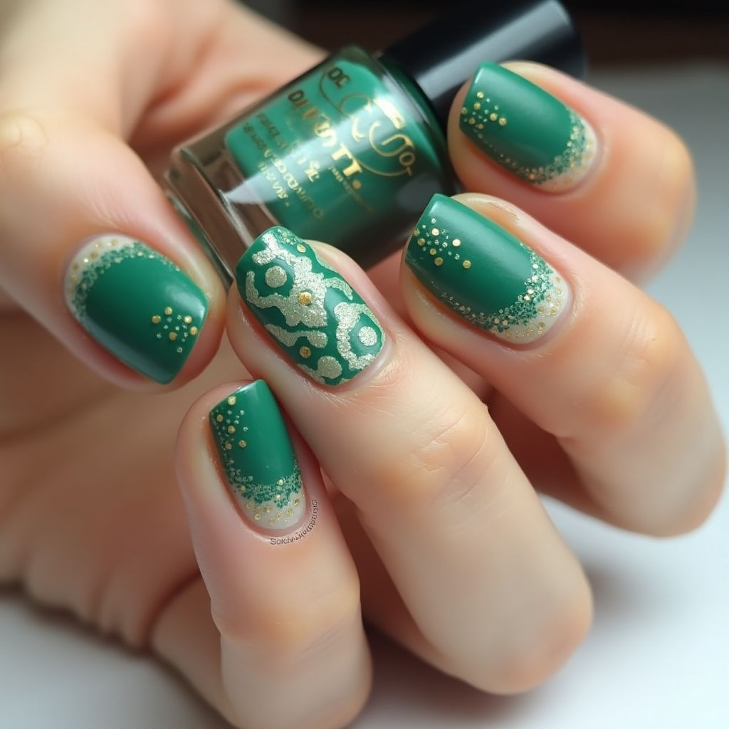 Emerald Green Dotting Nail Design