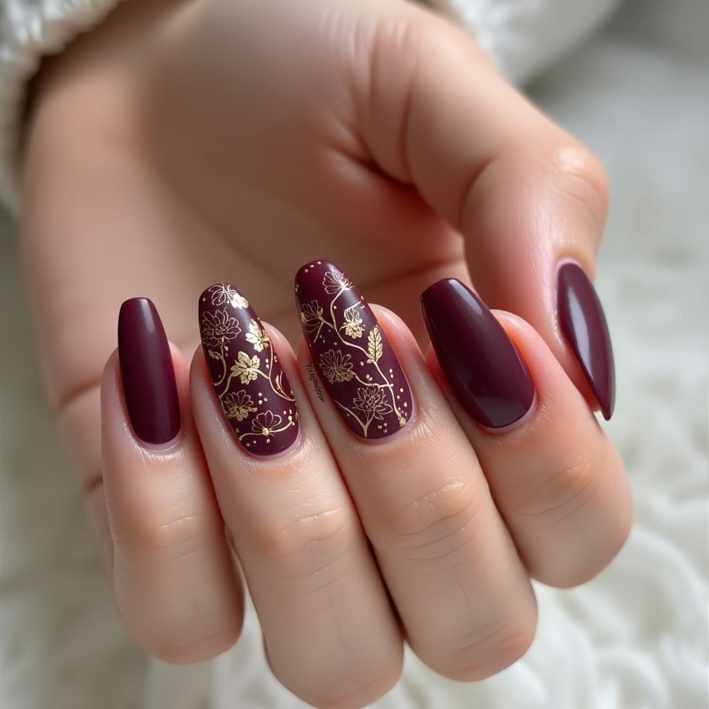 Wine Freehand Art Nail Design