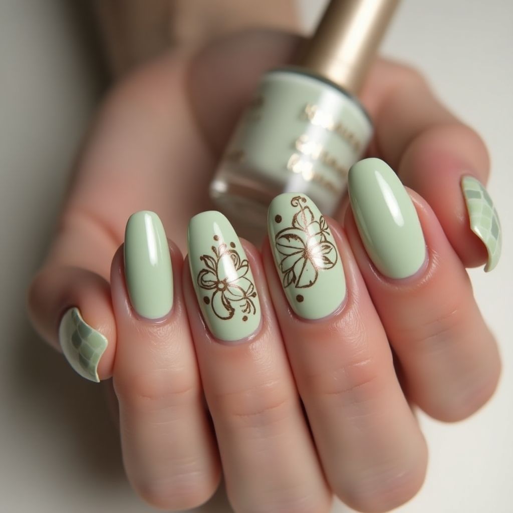 Pastel Green Freehand Art Nail Design
