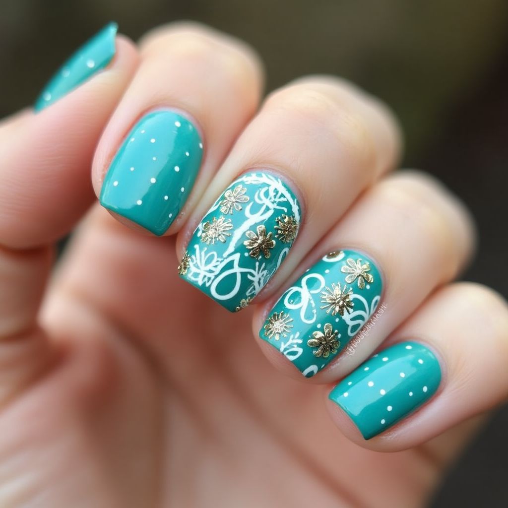 Turquoise Freehand Art Nail Design